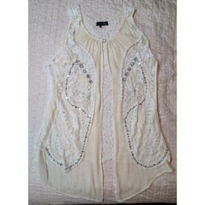 Ryu Embellished Lace Sheer Boho Tank Top Cream Fairycore Beaded Women S
